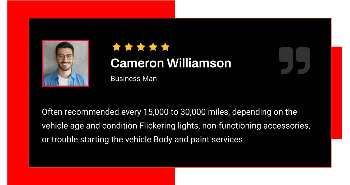 Testimonial: Man with glasses, 5-star rating, quote about vehicle maintenance: