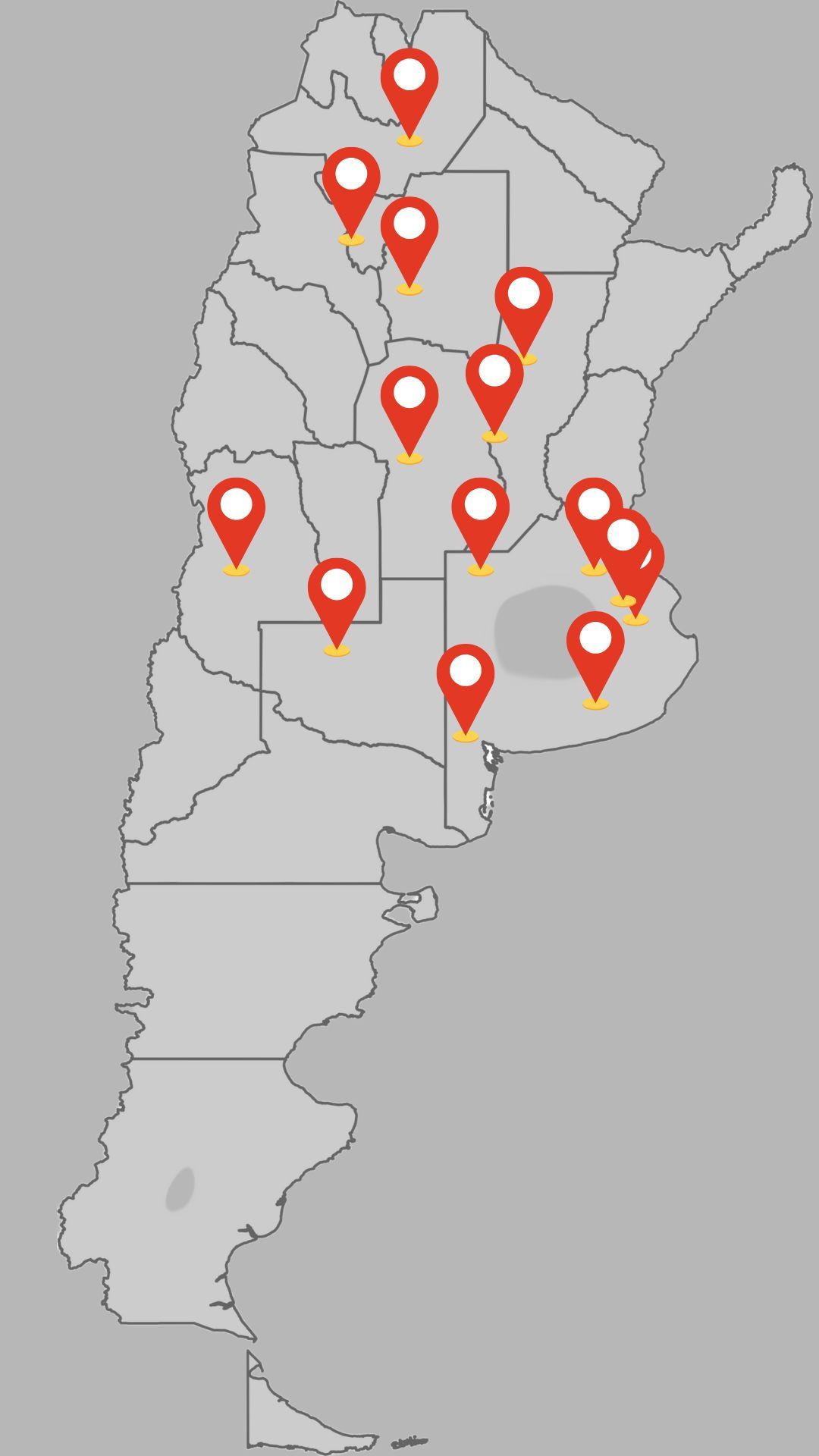 Mapa de Argentina con marcadores de ubicación rojos.
