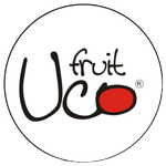 Círculo blanco con el texto “Fruta UCO” en negro y un punto rojo; símbolo de marca registrada.