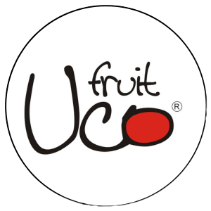 Círculo blanco con el texto “Fruta UCO” en negro y un punto rojo; símbolo de marca registrada.