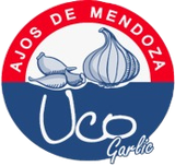 Logotipo: círculo rojo y azul con bulbos de ajo y “Ajos de Mendoza Uco Garlic”.