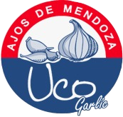 Logotipo: círculo rojo y azul con bulbos de ajo y “Ajos de Mendoza Uco Garlic”.