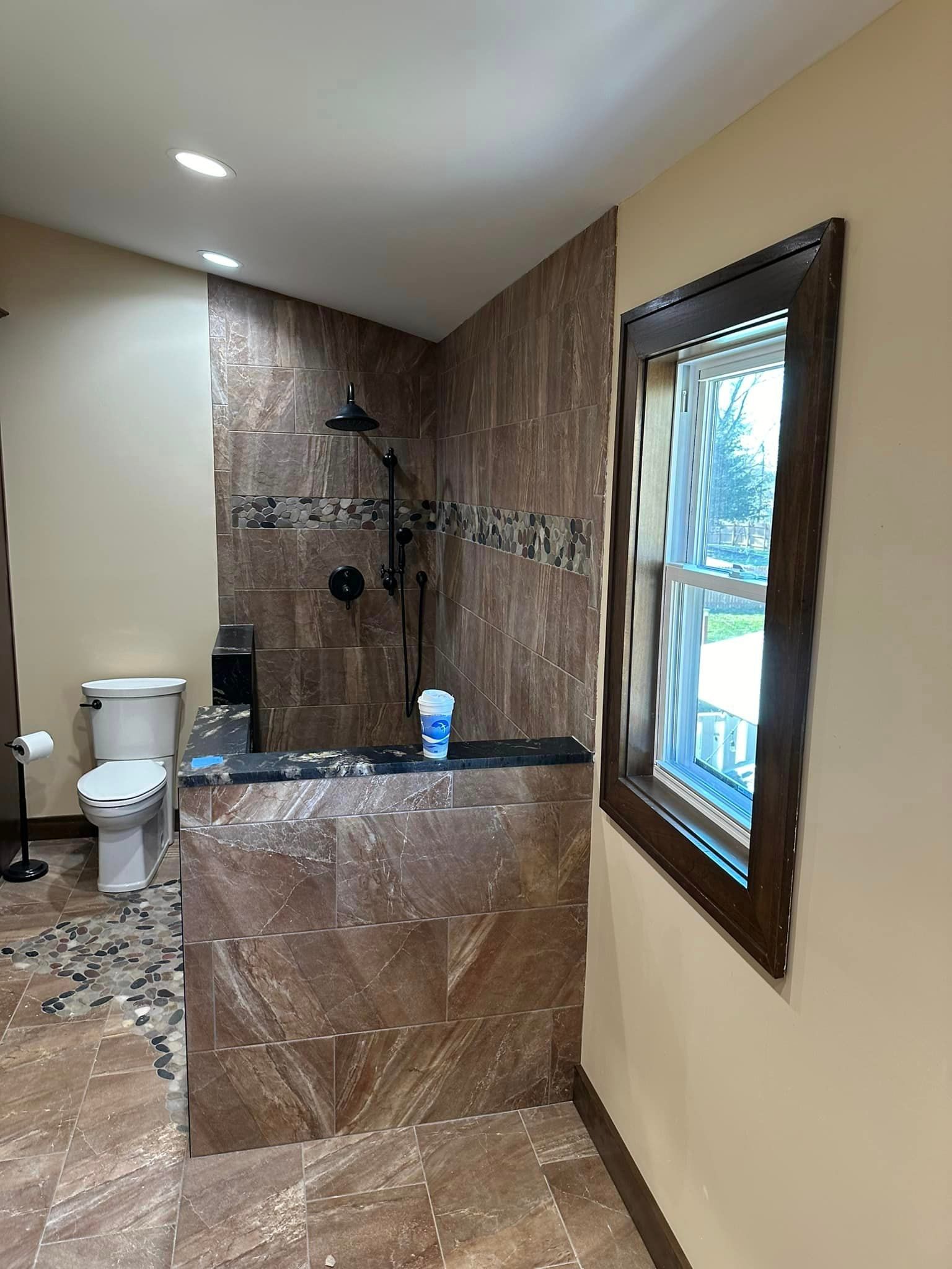 a bathroom with a toilet , shower and window .
