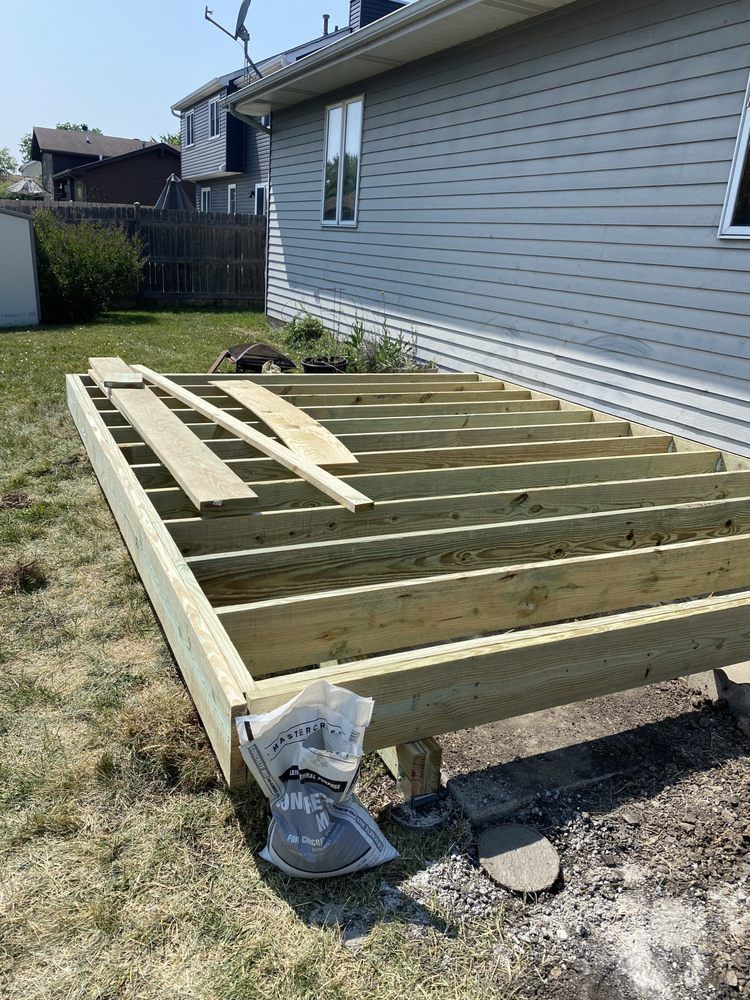 a wooden deck is being built in front of a house .