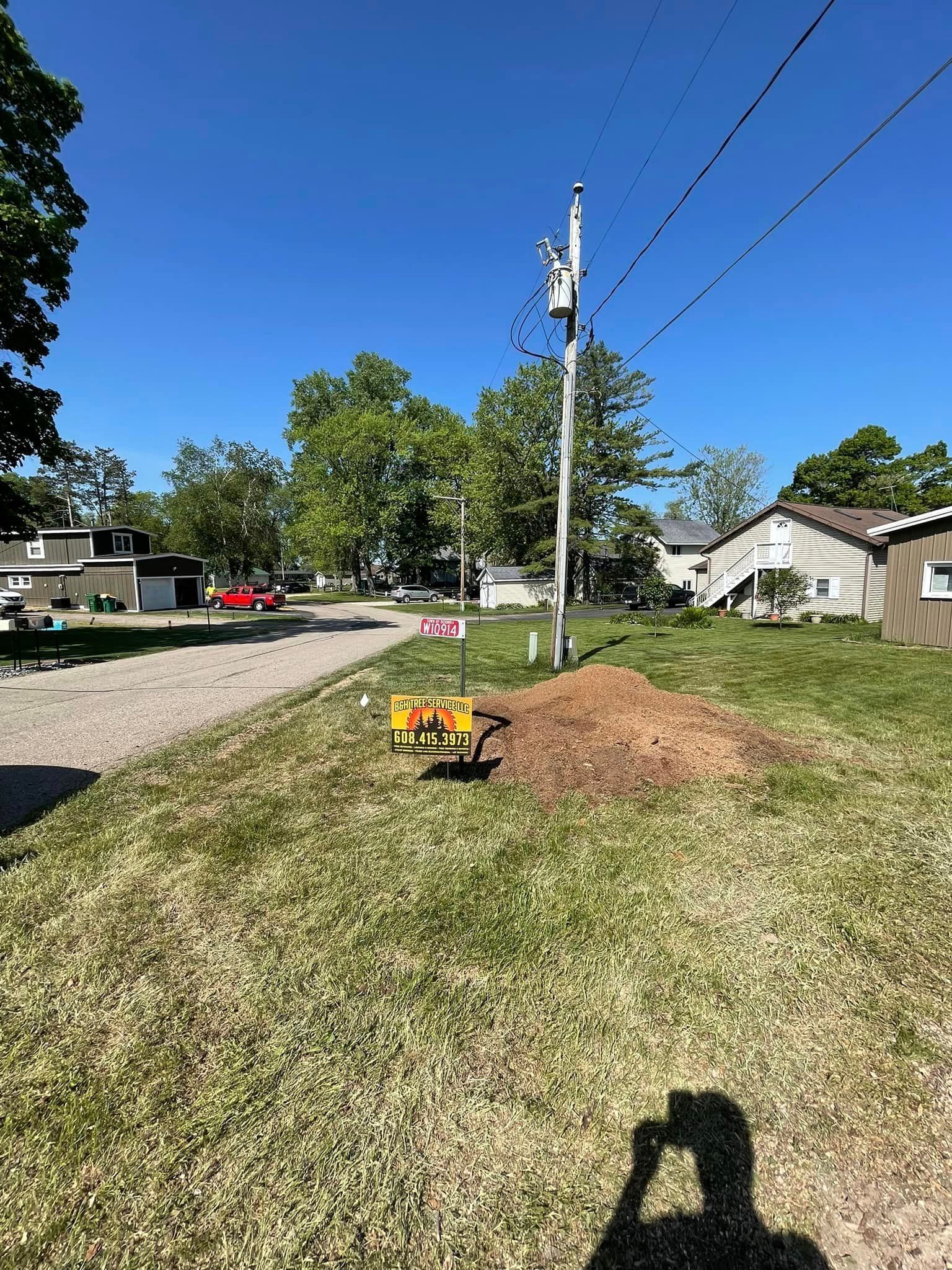 A person is taking a picture of a tree stump in the grass.