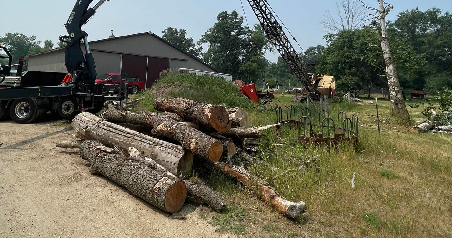 A pile of logs is sitting in the grass next to a crane.