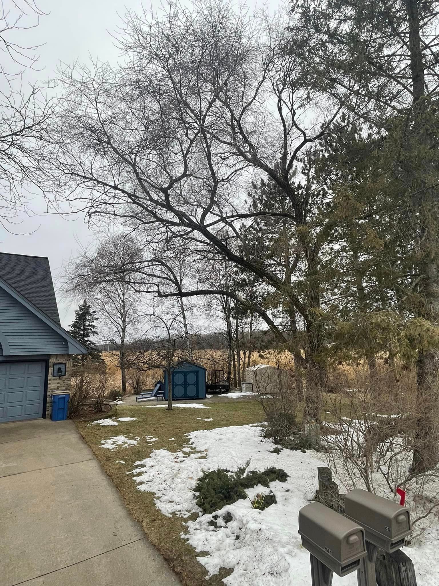 There is snow on the ground in the backyard of a house.