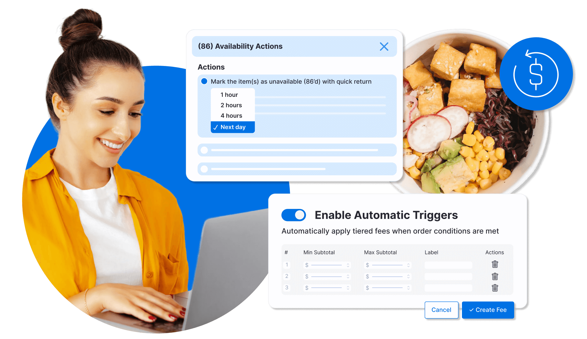 Woman on laptop exploring 86-ing feature and automatic trigger feature