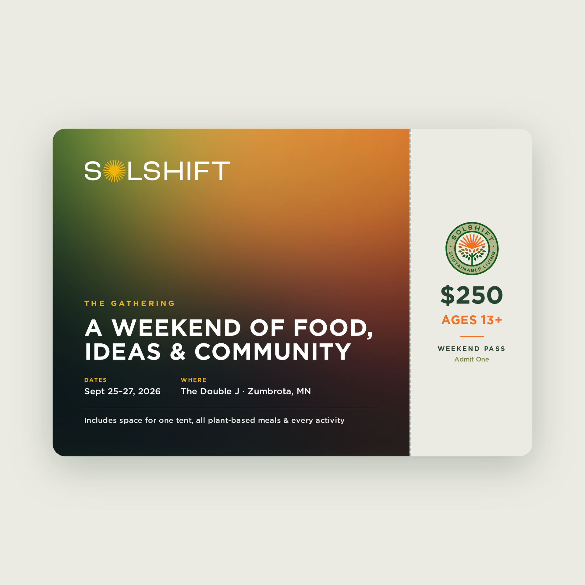 Event flyer for Solshift: “A Weekend of Food, Ideas & Community,” with $250 access pass and warm gradient design