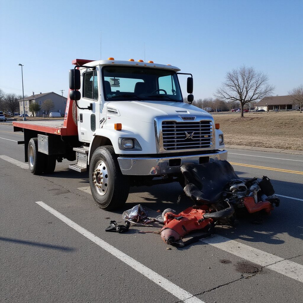 Tow truck on a road with wreckage of a vehicle. Bright daylight.