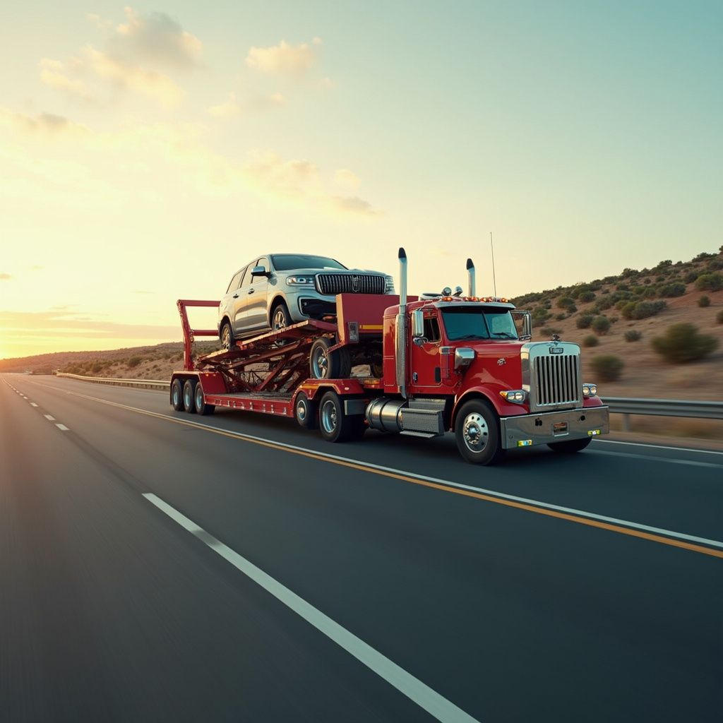 Red semi-truck hauling two cars on a highway at sunset.