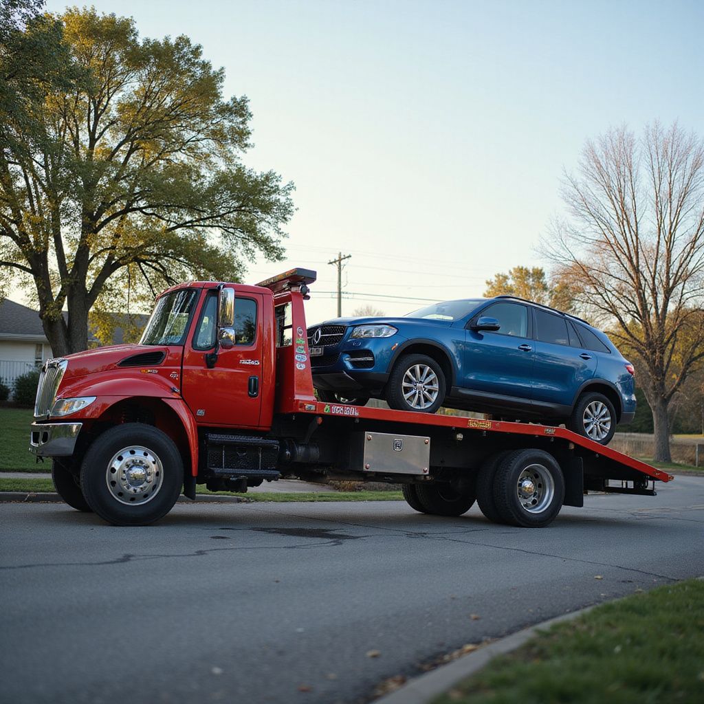 Red tow truck carrying a blue SUV on a street.