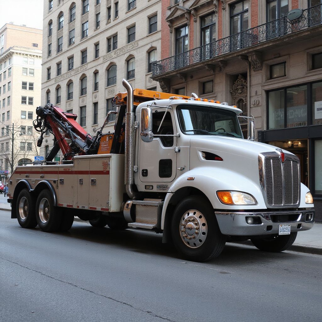 Gray SUV loaded on a flatbed tow truck, parked on a road.