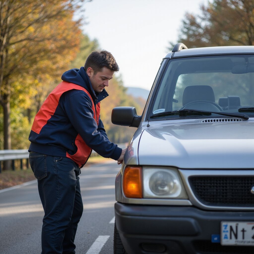 Man in safety vest checks car on roadside, autumn trees in the background.