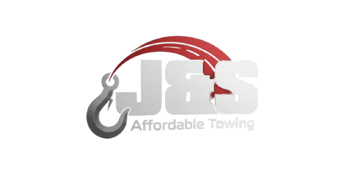 J&S Affordable Towing logo: Gray hook, red road arc, gray