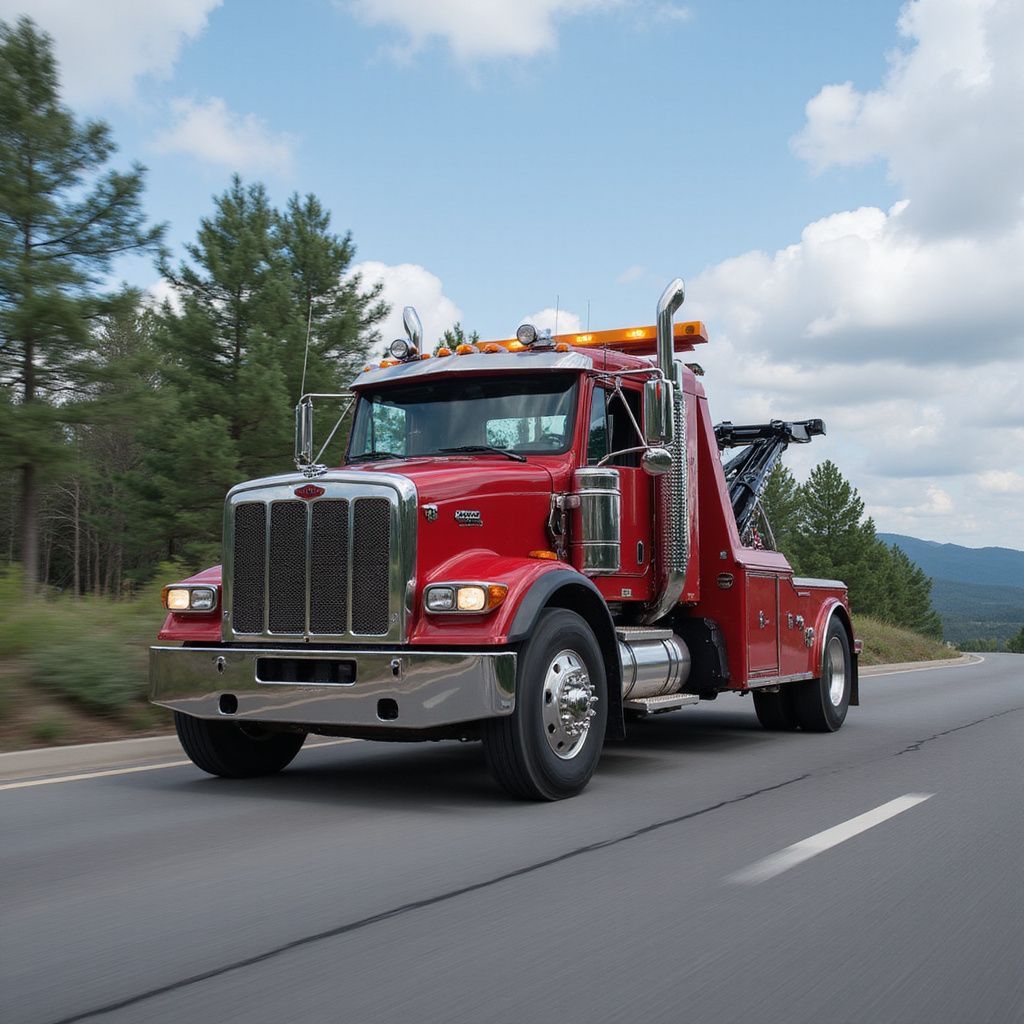 Red semi-truck hauling two cars on a highway at sunset.