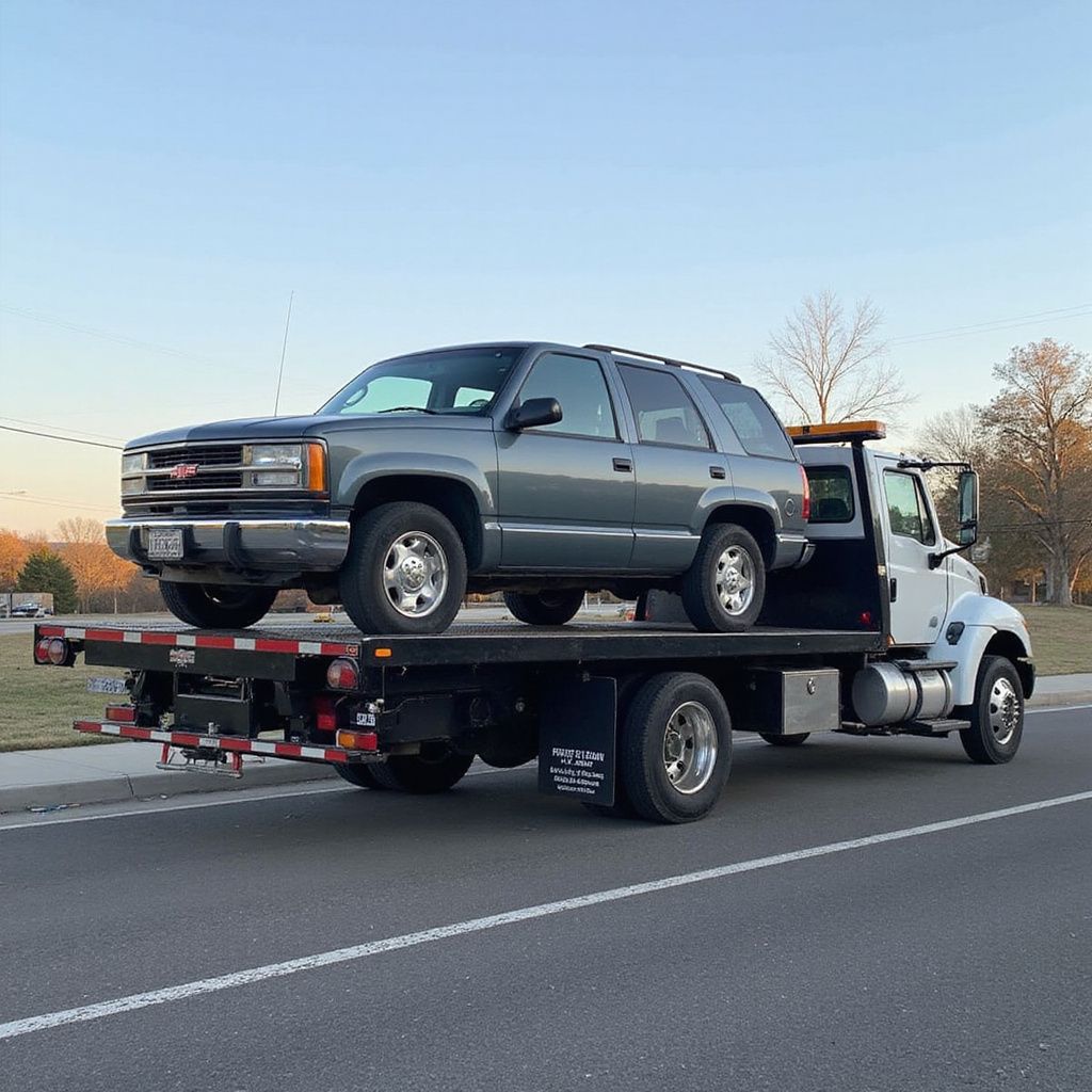 Gray SUV loaded on a flatbed tow truck, parked on a road.
