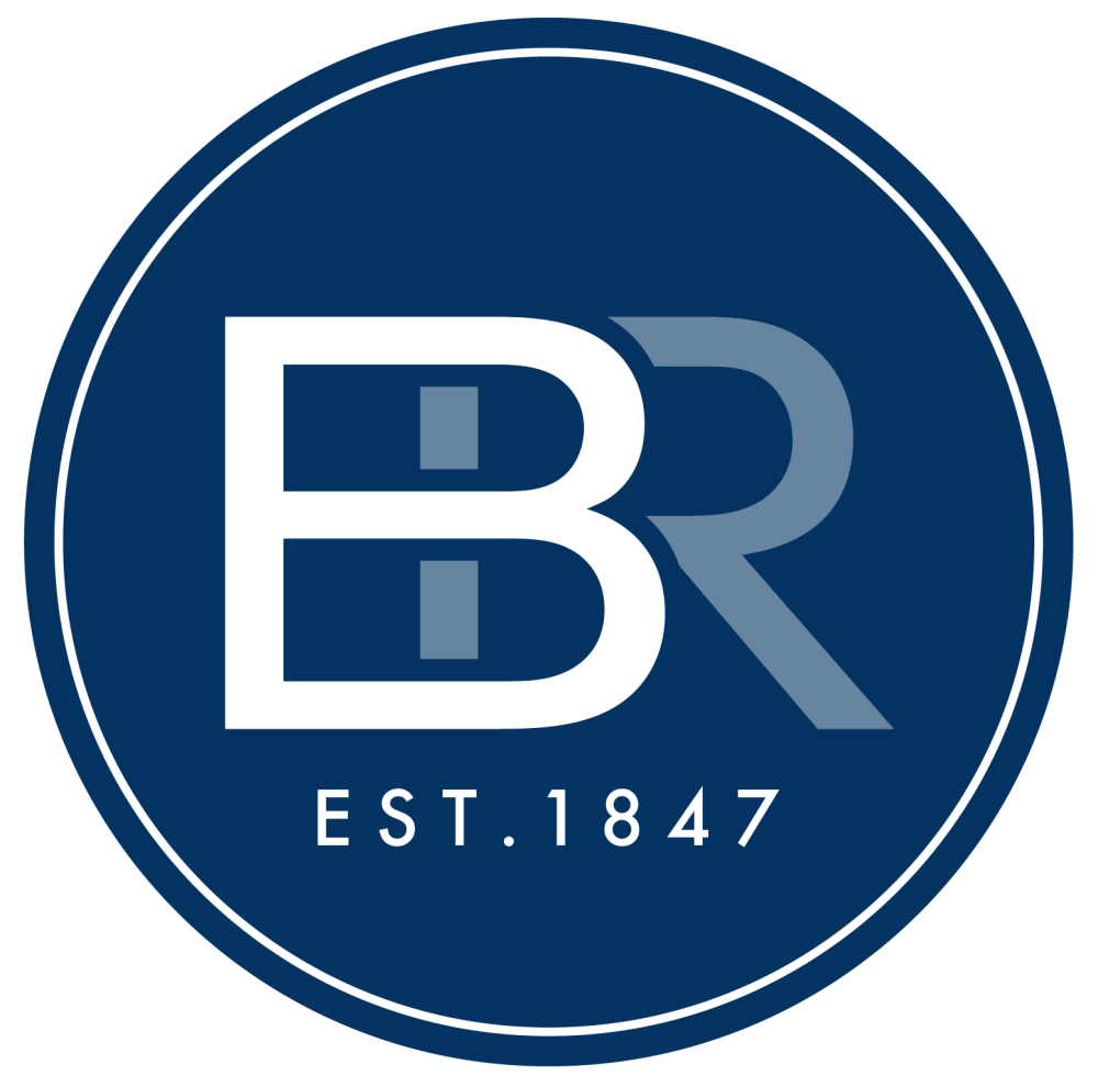 Navy blue circular logo with