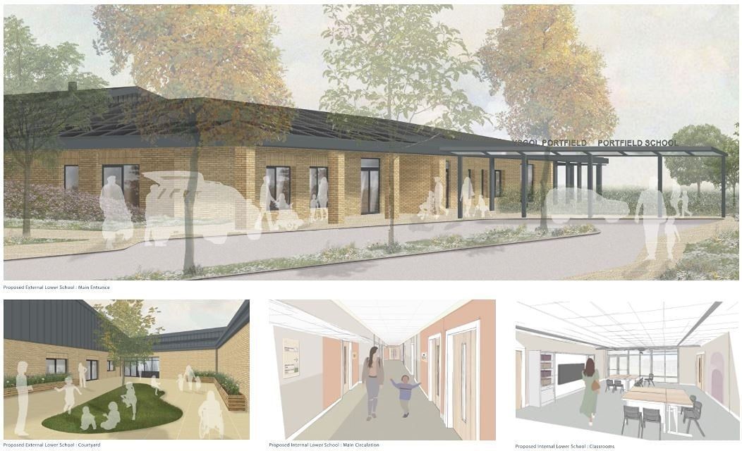 Architectural renderings of a single-story building. Perspective views show exterior, courtyard, hallway, and interior dining.