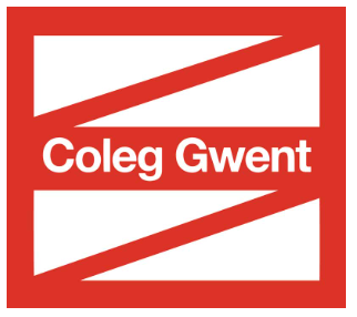 Red logo for Coleg Gwent: white text within a red rectangle with diagonal lines, a Welsh college.