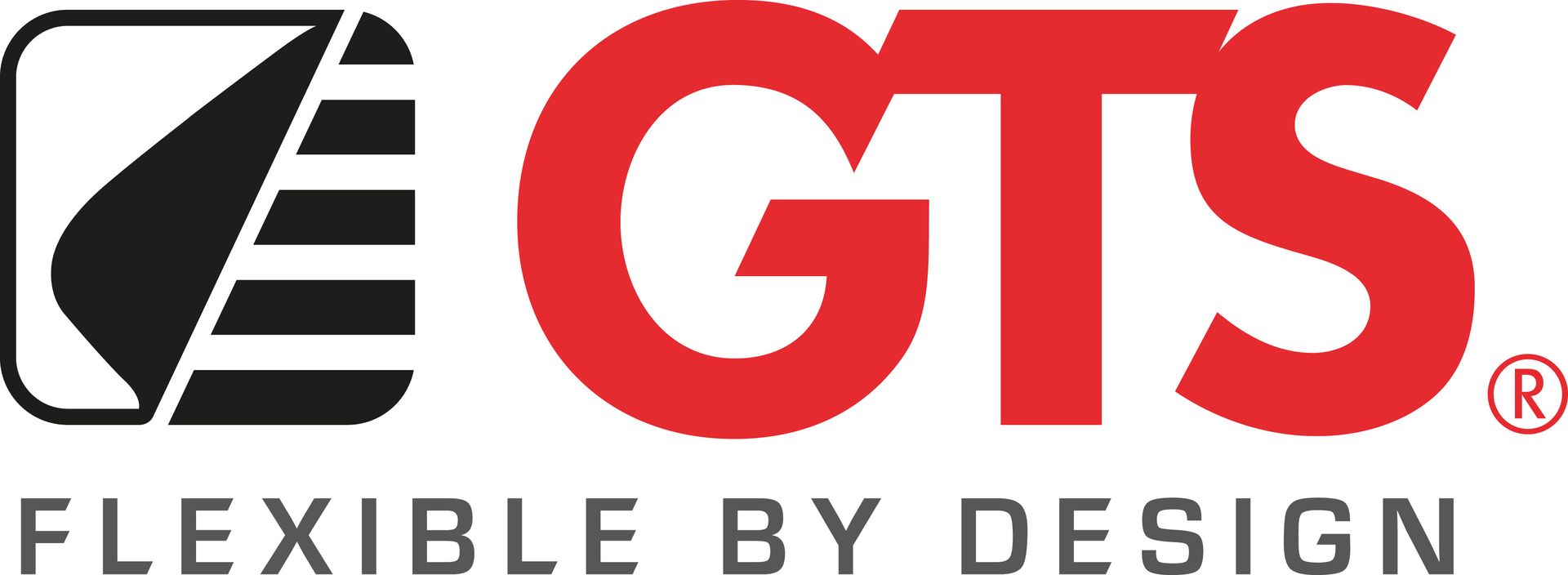 Logo for GTS, red letters, a black and white design element, and the phrase