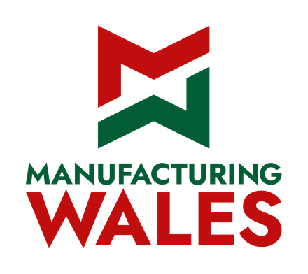 Logo for Manufacturing Wales: a red and green geometric emblem above the words