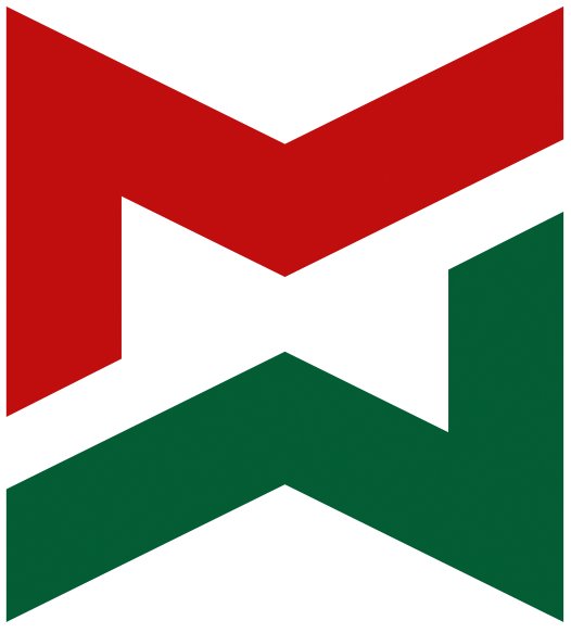 Red and green abstract logo, forming overlapping shapes resembling 