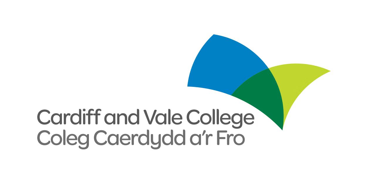 Cardiff and Vale College logo. Blue, green, and yellow curved shapes over grey text.
