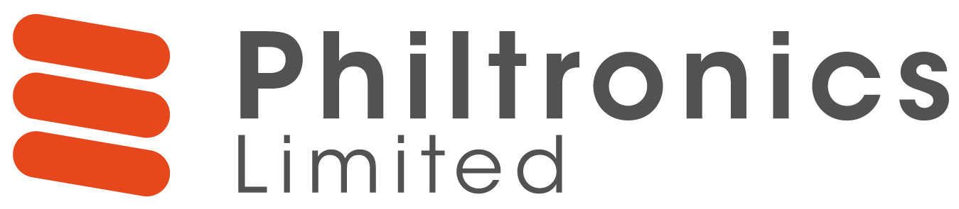 Philtronics logo: Three orange horizontal bars next to the company name in gray,