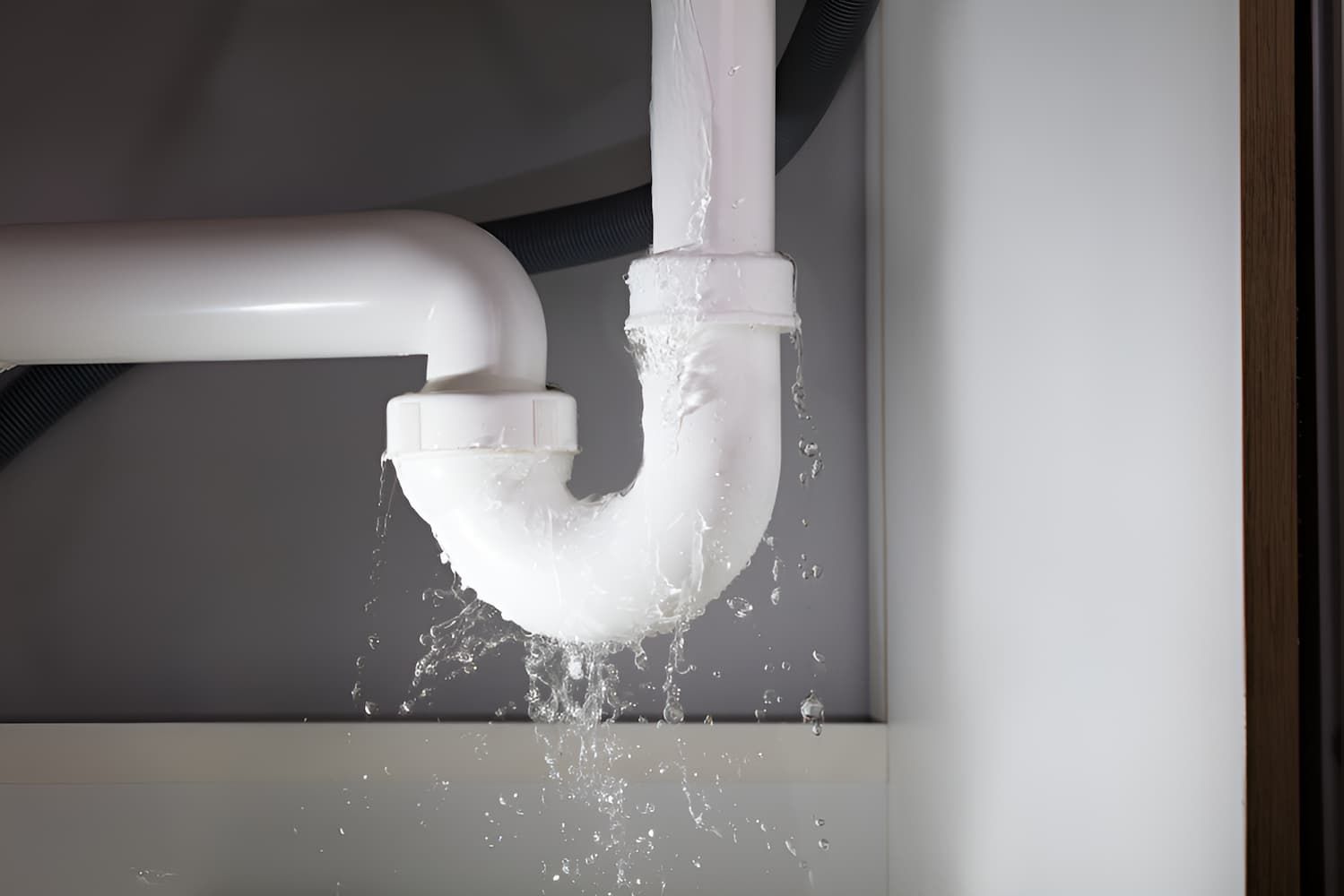 A Sink Pipe Is Leaking Water Under A Sink In A Bathroom — GPS Plumbing, Drainage & Gasfitting In Dubbo, NSW