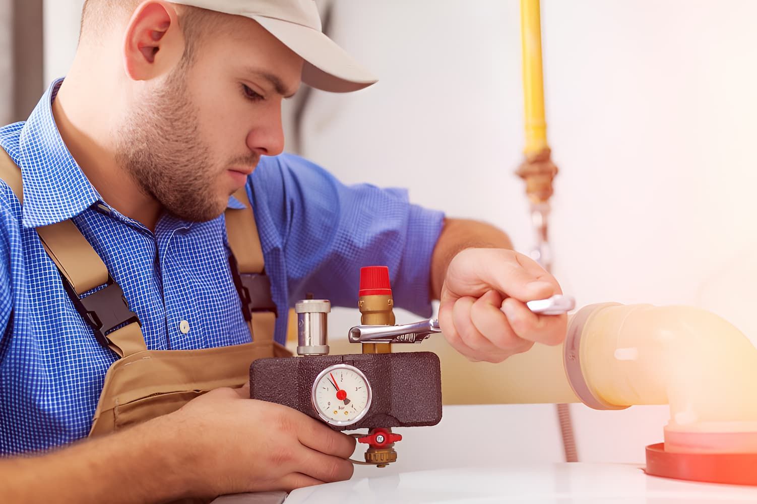 A Man Is Working On A Pipe With A Pair Of Pliers — GPS Plumbing, Drainage & Gasfitting In Dubbo, NSW