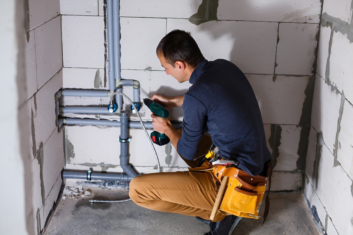 A Man Is Working On A Pipe In A Bathroom — GPS Plumbing, Drainage & Gasfitting In Dubbo, NSW