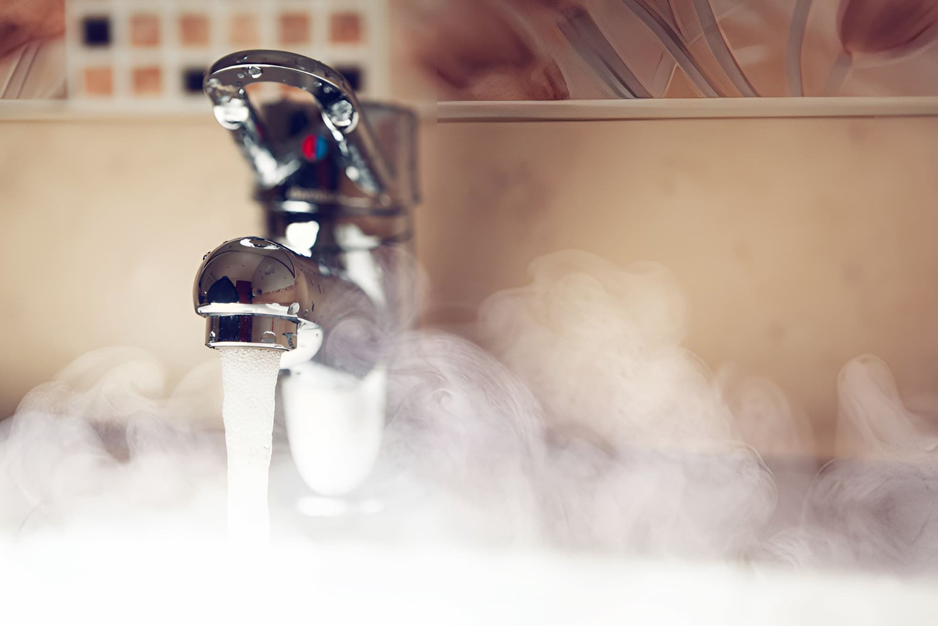 A Faucet With Steam Coming Out Of It In A Bathroom — GPS Plumbing, Drainage & Gasfitting In Narromine, NSW