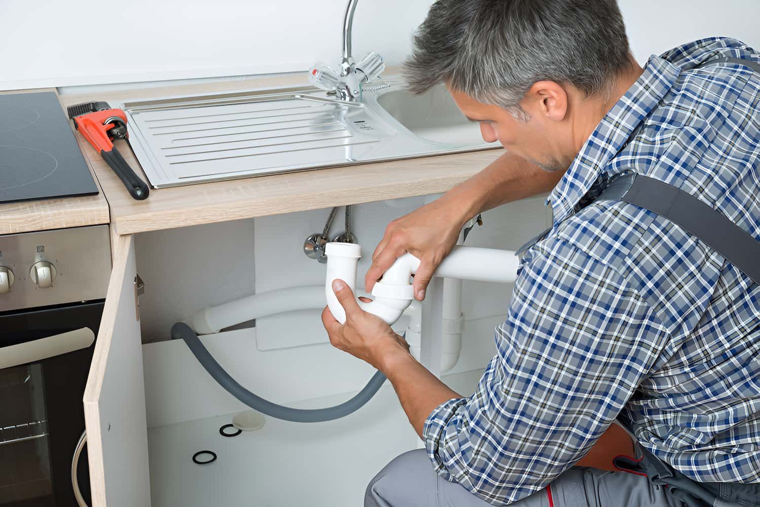 A Man Is Fixing A Sink In A Kitchen — GPS Plumbing, Drainage & Gasfitting In Dubbo, NSW