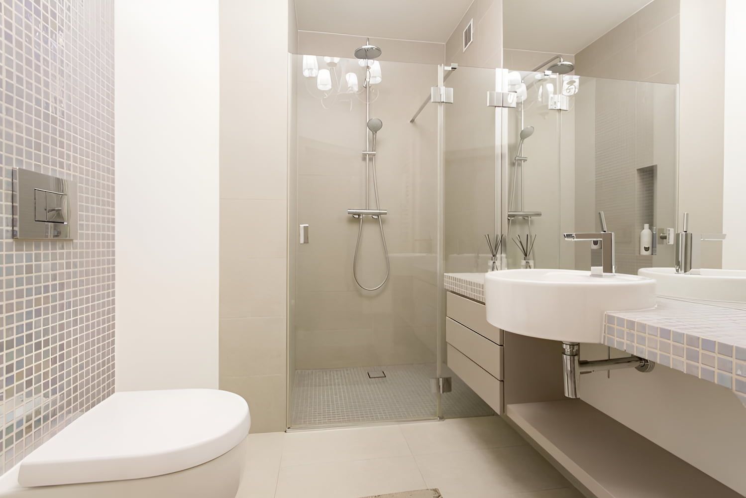 A Bathroom With A Toilet, Sink, Shower And Mirror — GPS Plumbing, Drainage & Gasfitting In Dubbo, NSW