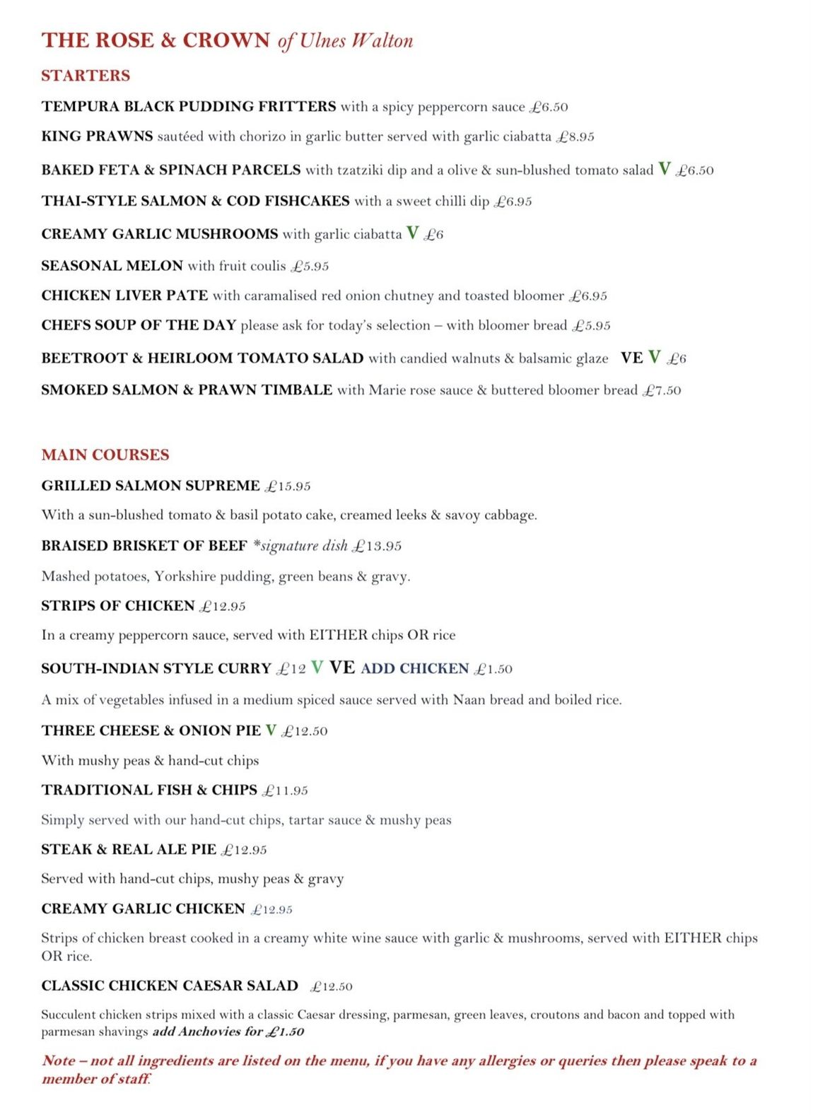 The Rose and Crown Ulnes Walton Menu