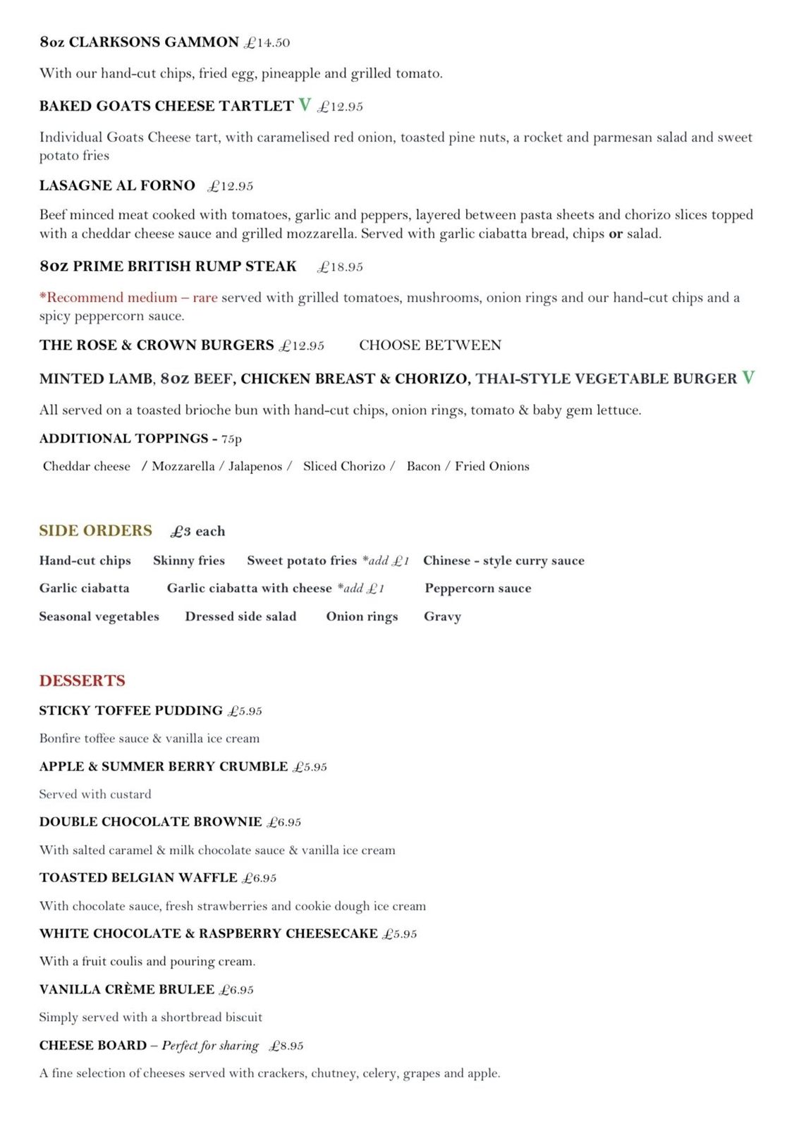 The Rose and Crown Ulnes Walton Menu