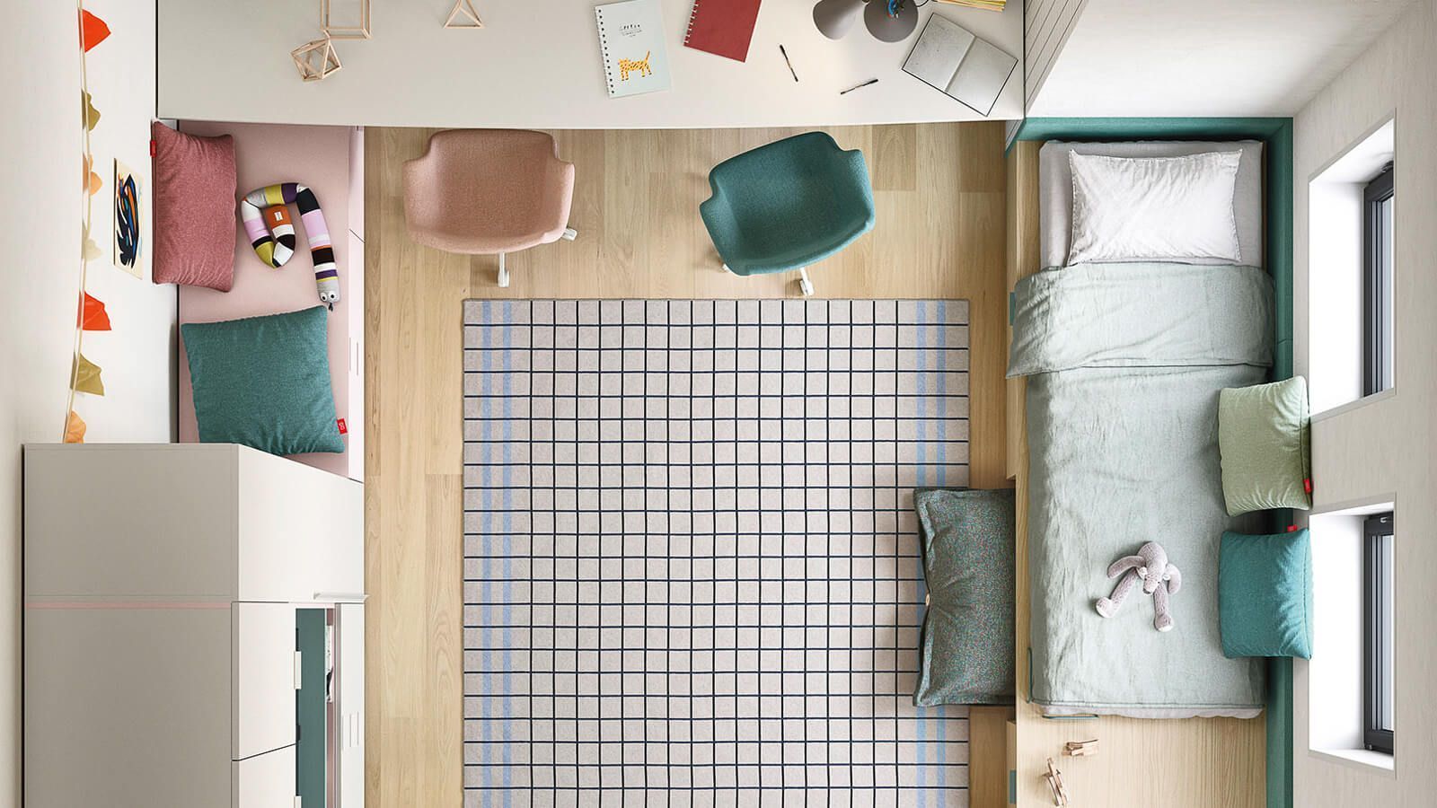 Vista dall'alto di una piccola camera da letto con letto, scrivania e spazio per riporre gli oggetti. Colori verde acqua, rosa e neutri.