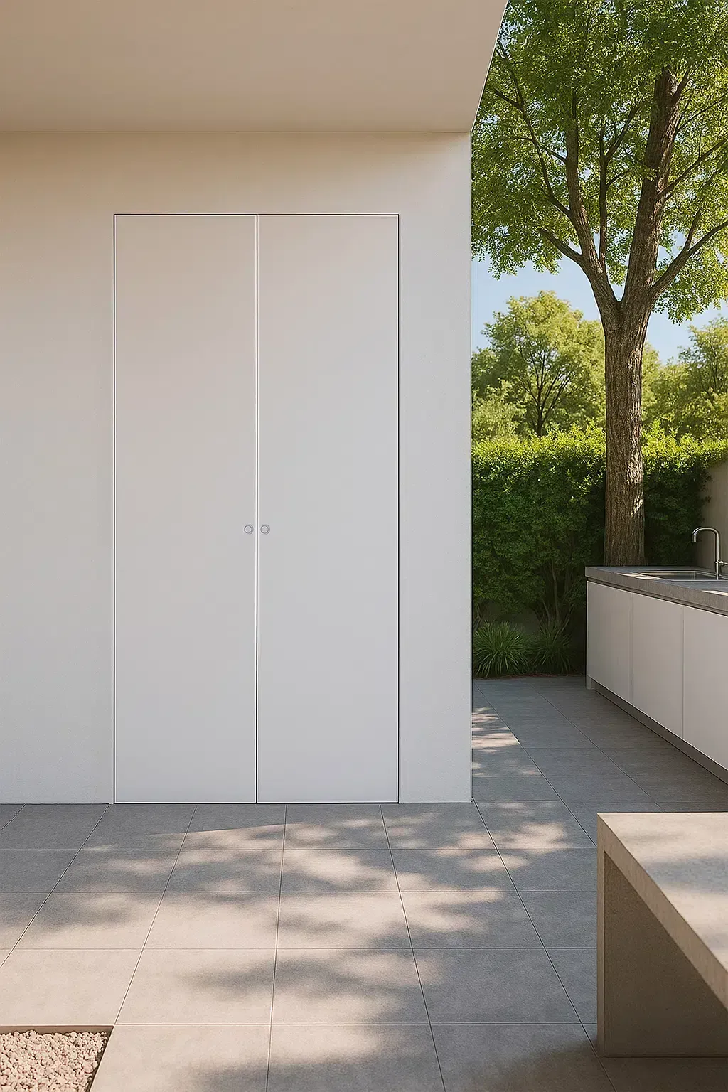 Porte doppie bianche all'esterno di un edificio. Patio con piastrelle in pietra grigia. Alberi verdi e fogliame sullo sfondo.
