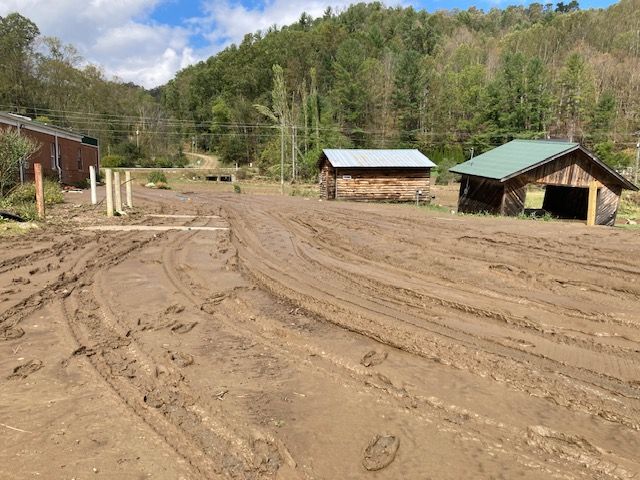 A dirt road with a few houses in the background
