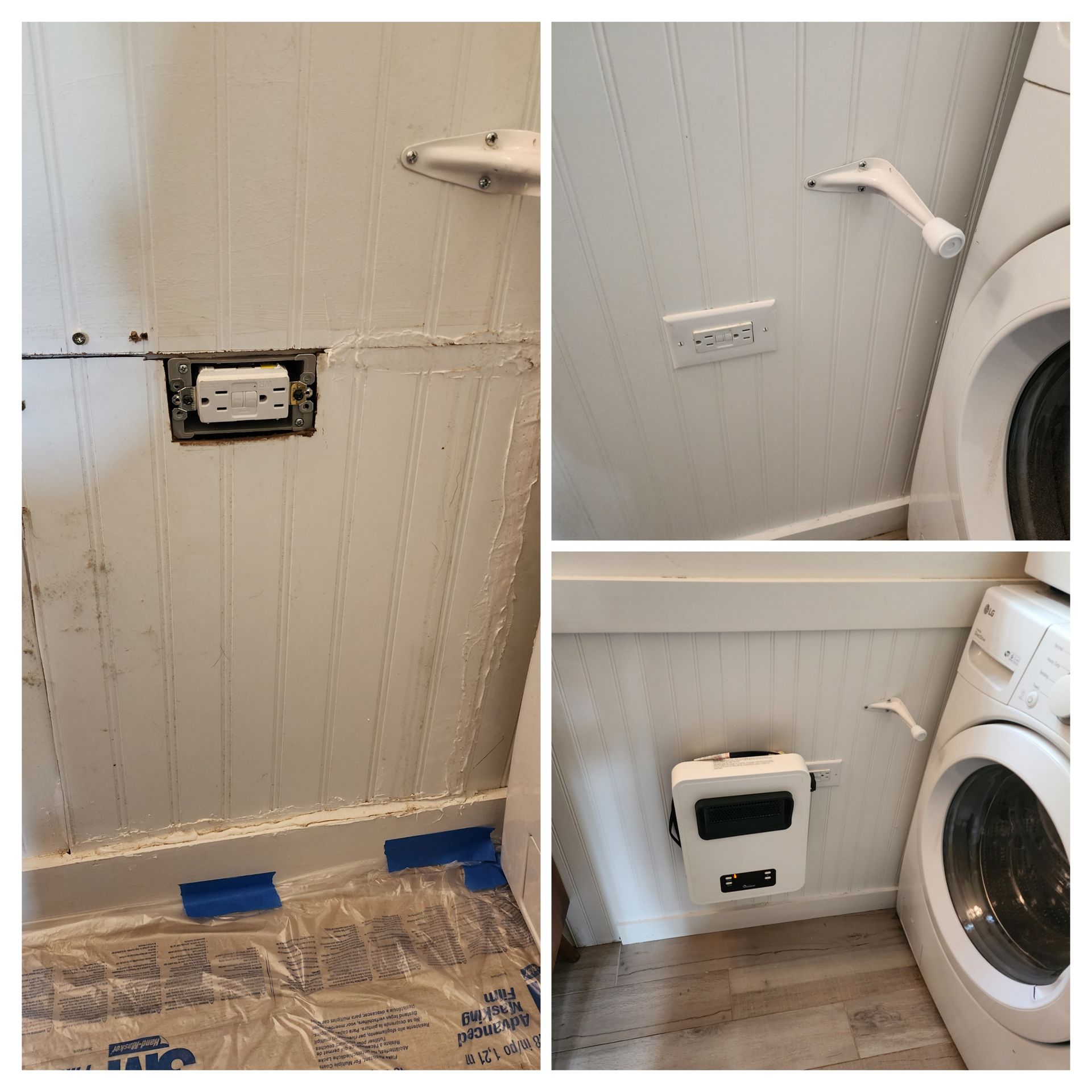 Three photos showing white wainscoting with outlets and a dryer vent installed near a washing machine.