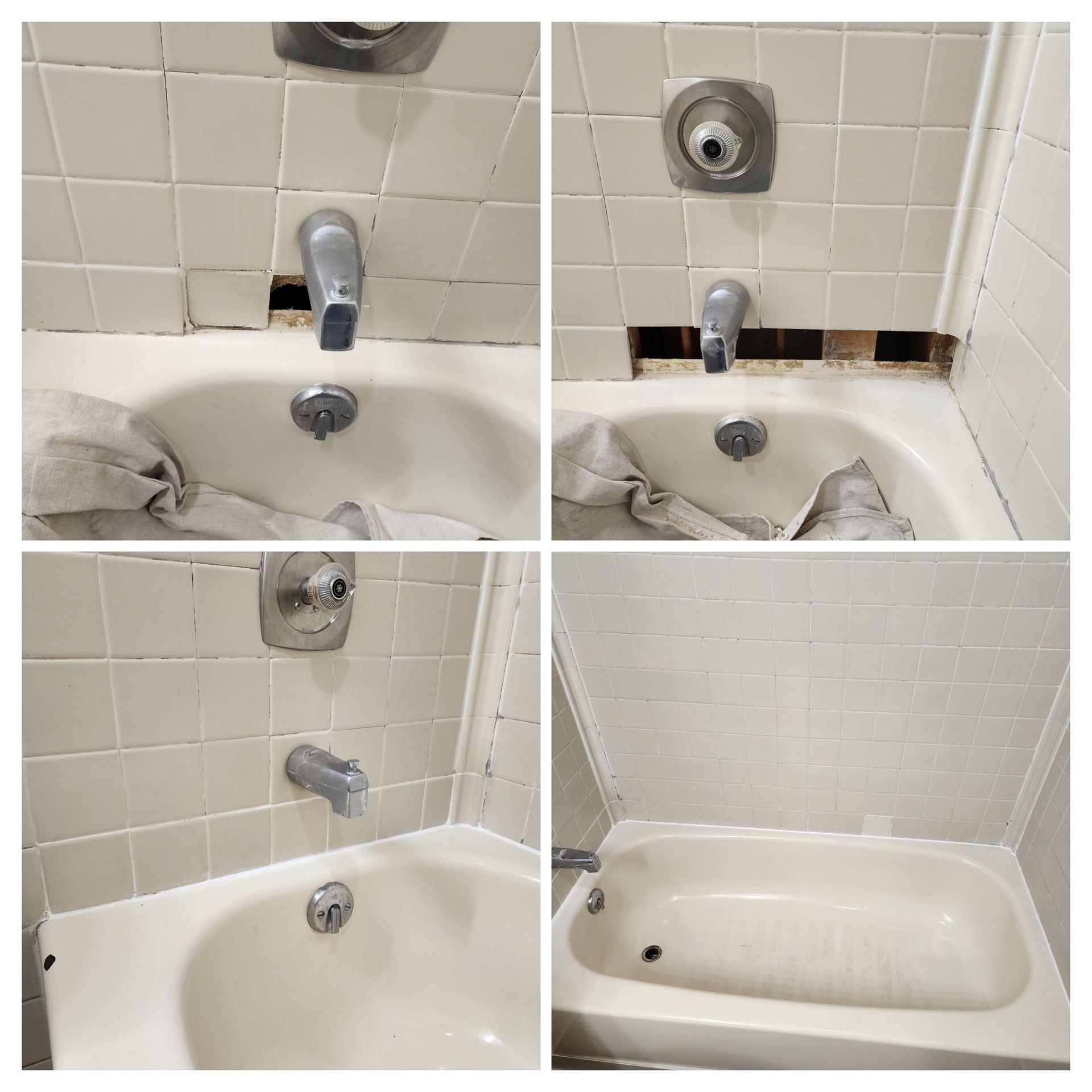 Four photos showing a bathtub renovation. Tiles are white. The faucet and showerhead are silver.