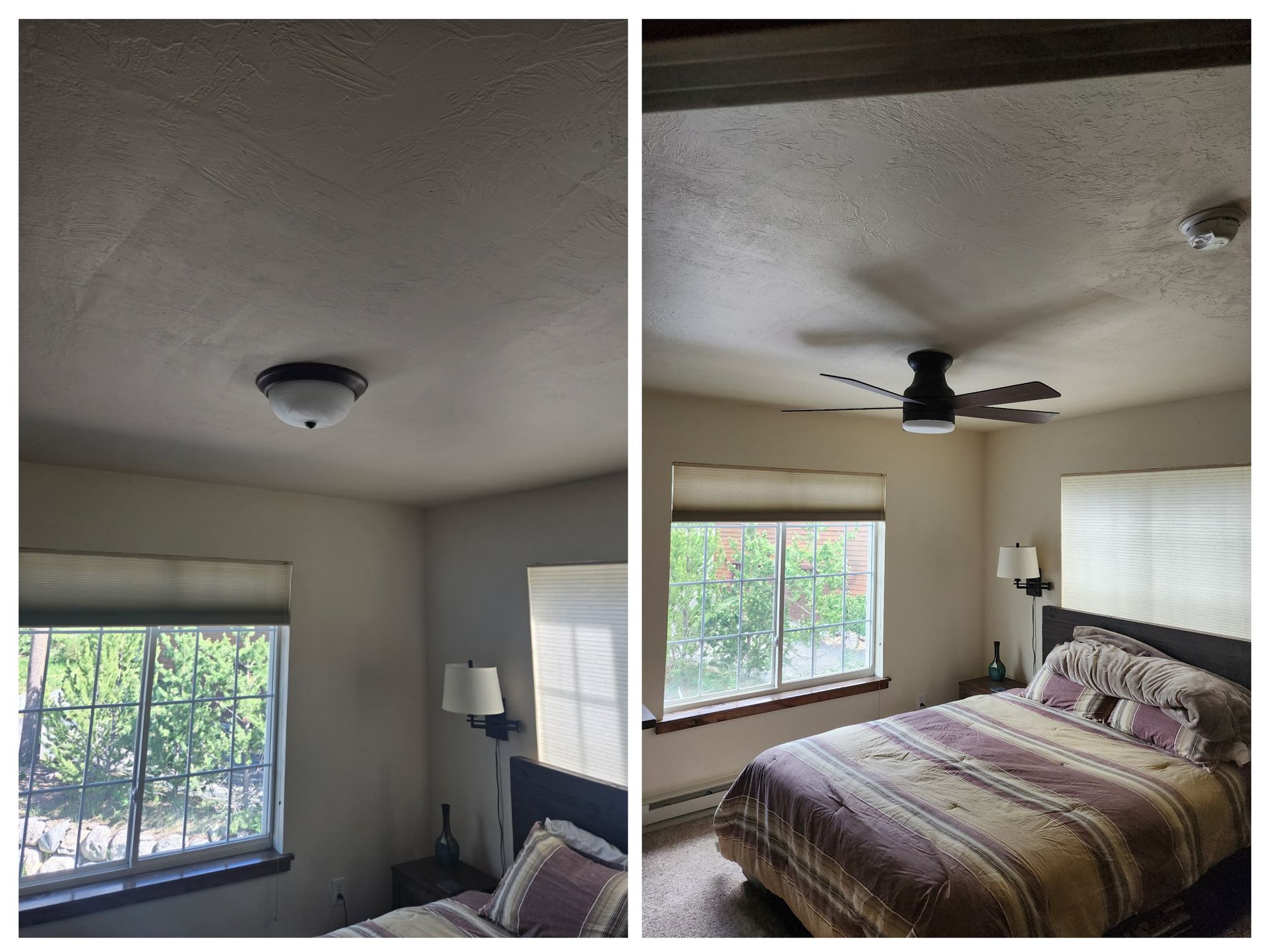 Two photos of a bedroom. One shows a light fixture, the other a ceiling fan. A bed and window are visible.