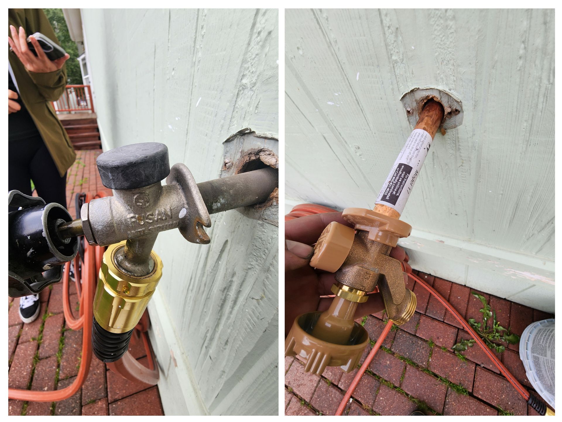 spigot is removed from a house wall. One shows the spigot attached to a hose. The other shows the detached spigot and pipe.