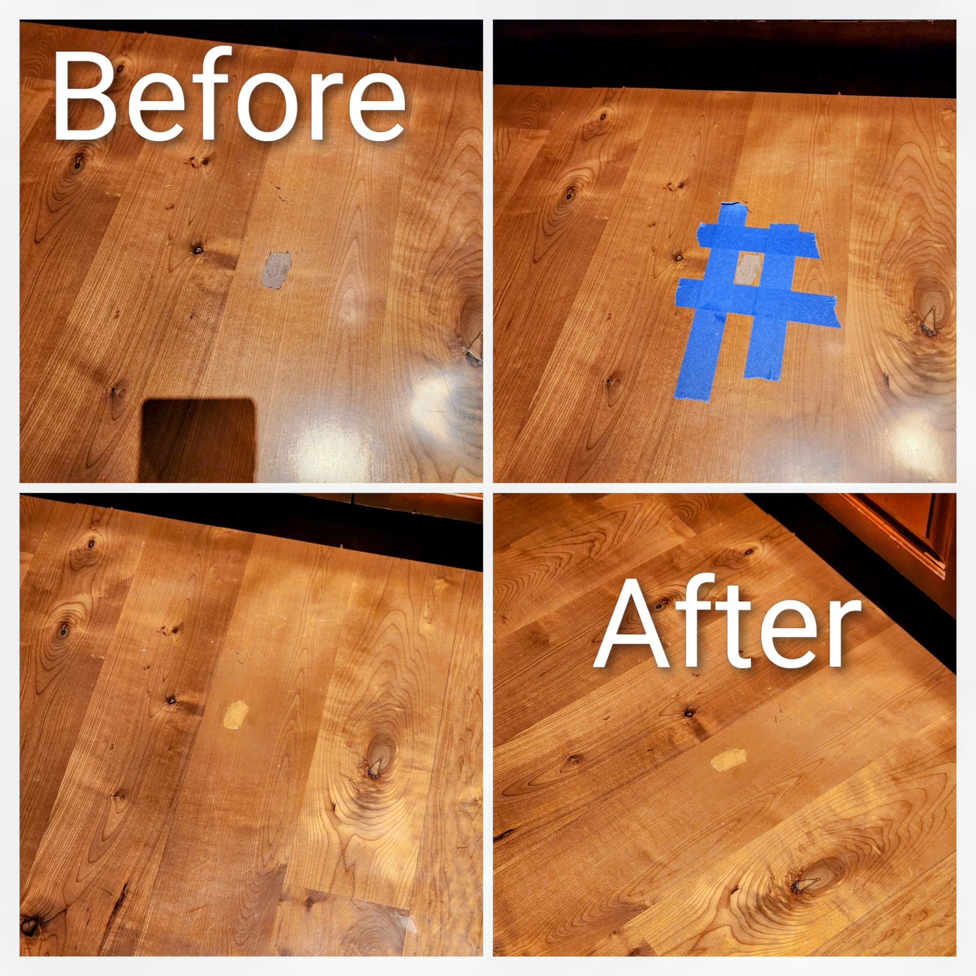 Four-panel image showing wood floor before and after repair of damage. A hashtag of blue tape marks the area for repair.