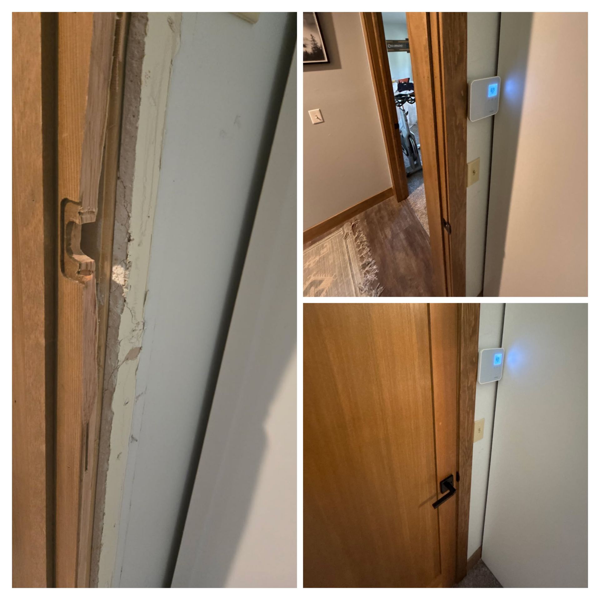 Three views of a wooden door with damage to the frame. A smart device is mounted on the door frame.