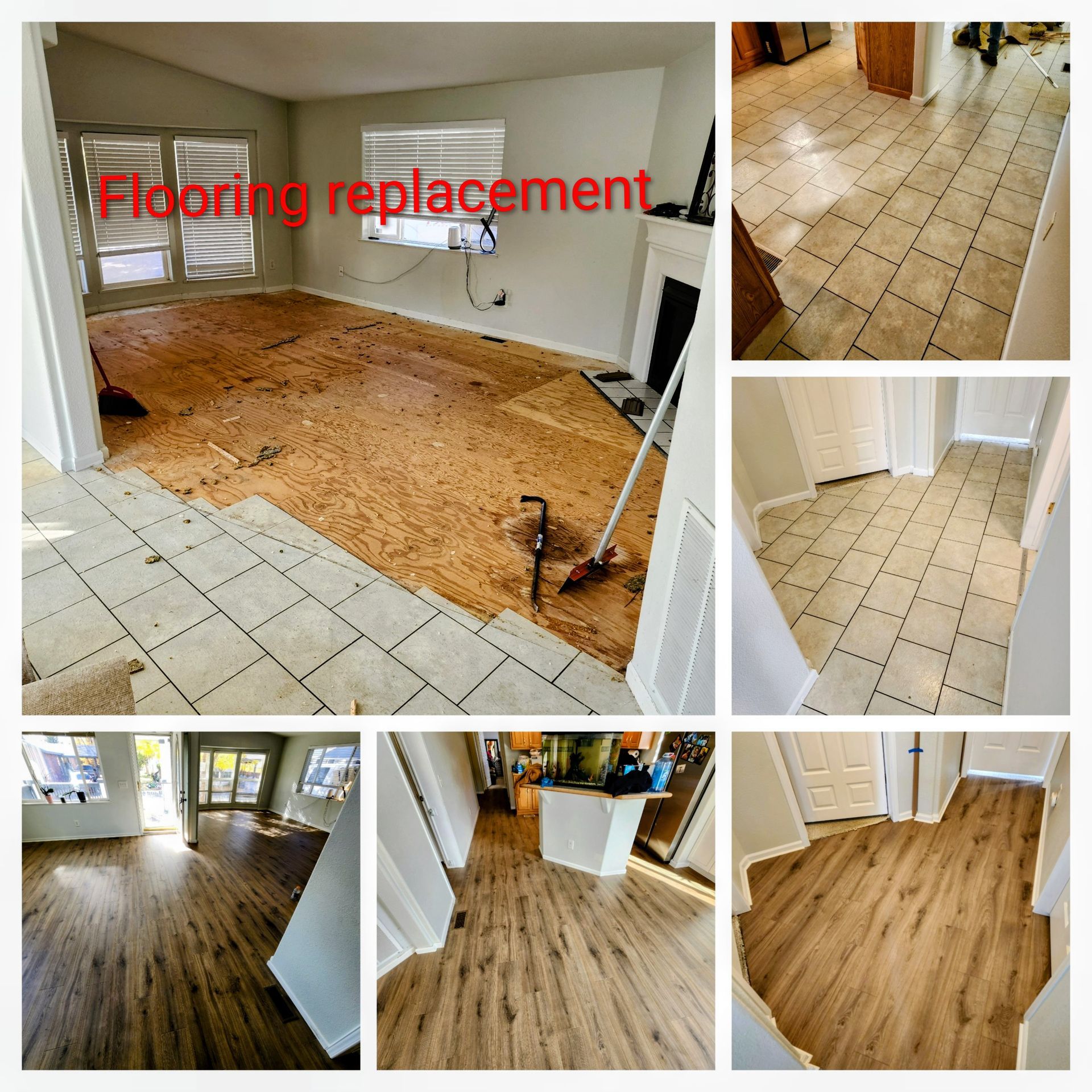 Flooring replacement process: old tile removal to new wood-look flooring installation in a home.