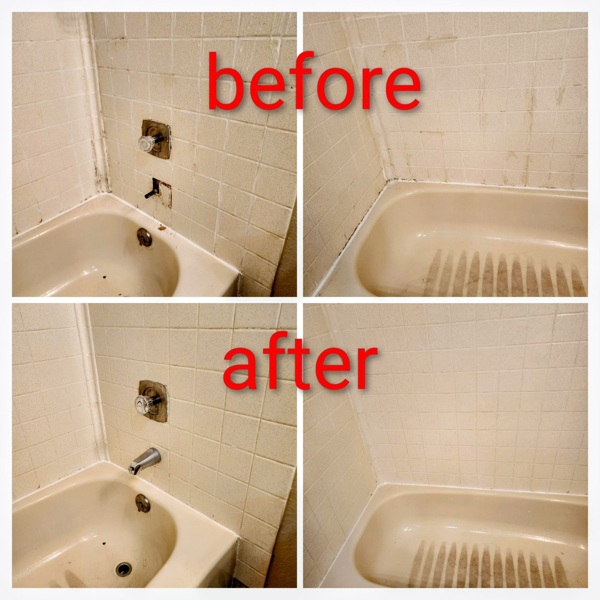 Before and after photos of a bathtub. Dirty, then clean, tan tile and tub. Chrome fixtures.