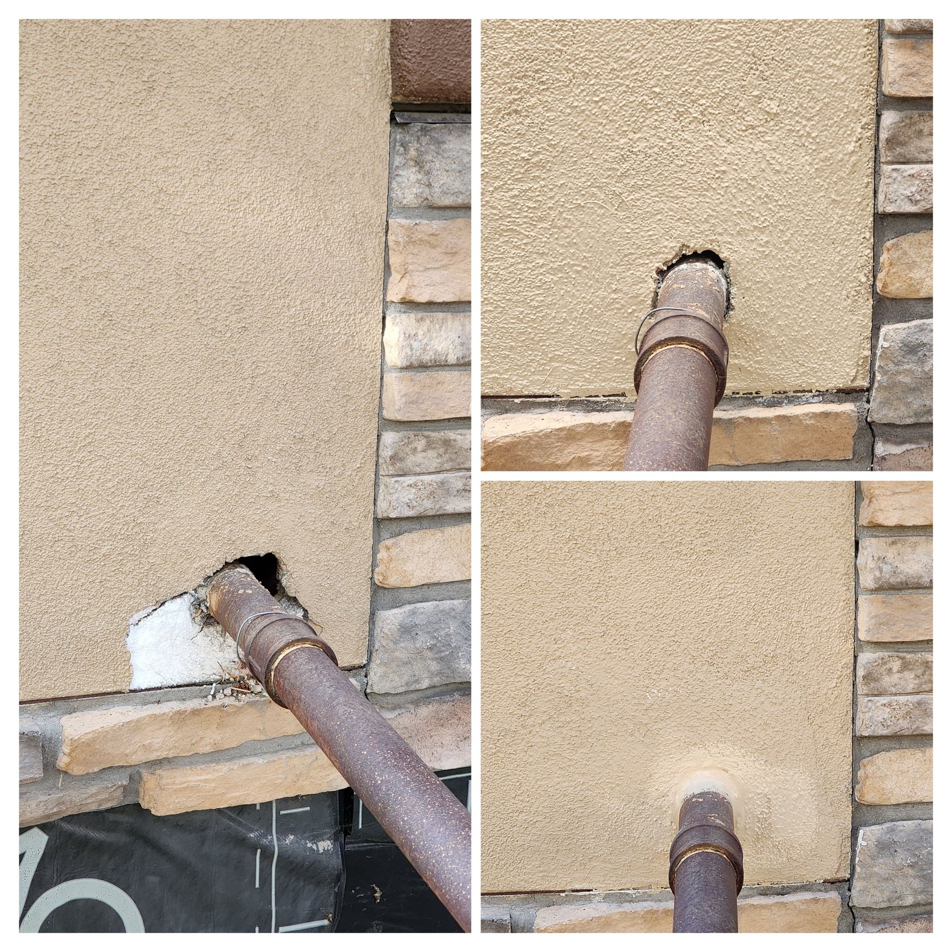 Three views of a building's stucco exterior with a metal pipe protruding, showing damage around the pipe's opening.