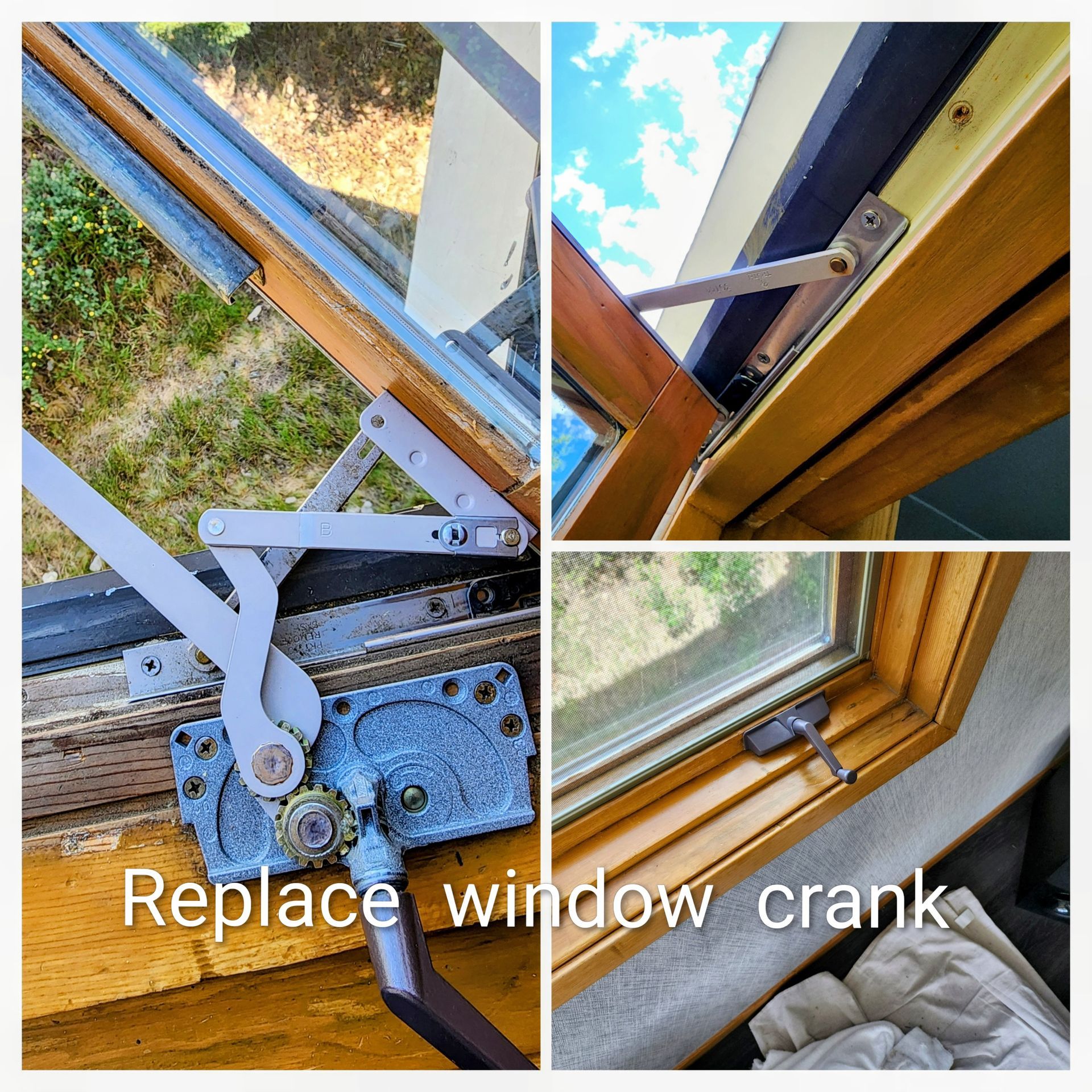 Close-up shots of a window crank system; the window is partially open. Text: Replace window crank.